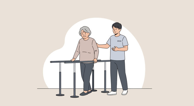 Rehabilitation Support For Elderly Woman With Parallel Bars At Clinic
