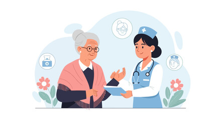 Nurse Visiting Elderly Woman Checks Health Discussing Treatment Plan At Home