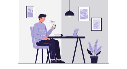 Fototapeta premium Relaxed Man Checks His Phone While Working At Home With Calmness App