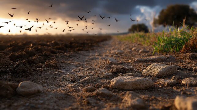 The parable of the sower with seeds scattered across four types of soil, the sower visible in the distance.