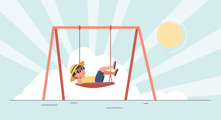 Fototapeta premium Relaxing afternoon cartoon illustration of a child swinging lazily under the sun
