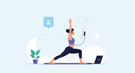 Online Fitness Class Instructor Guiding Virtual Participants in Warrior One Pose