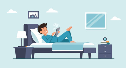 Fototapeta premium Relaxing At Home Man Uses Tablet Device On Bed Vector Illustration