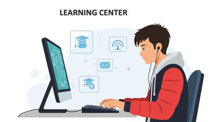Online Education Illustration With Young Man Studying In Front Of The Computer