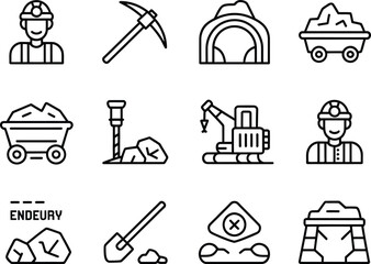 Fototapeta premium Collection of mining industry icons and illustrations in a clean outline style