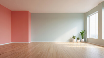Empty modern interior room with light wood floor, pastel walls, large windows, and potted plants casting soft shadows