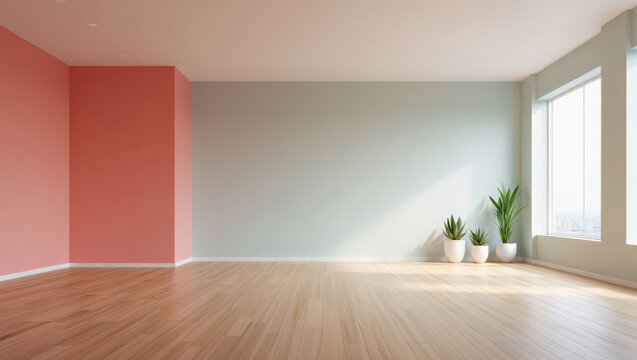 Empty modern interior room with light wood floor, pastel walls, large windows, and potted plants casting soft shadows