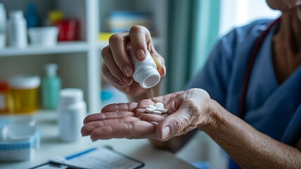 Elderly hands receiving white pills from bottle medicine healthcare