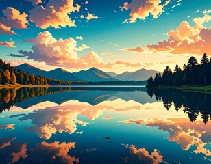 Reflective Lake Amidst Mountains and Forests Under a Colorful Sunset Sky