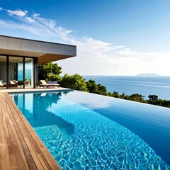 Fototapeta premium Modern luxury home with infinity pool overlooking ocean