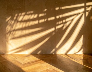 Abstract Sunlight Shadows on Textured Wall with Wooden Floor Pattern Interior
