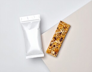 Granola Bar with Seeds and Nuts near a White Empty Snack Package on Beige