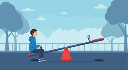 Obraz premium Solo Balance Boy Relaxing on Seesaw at the Park in a Sunny Day