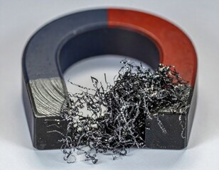Close Up of Horseshoe Magnet Attracting Iron Shavings With Gray Background