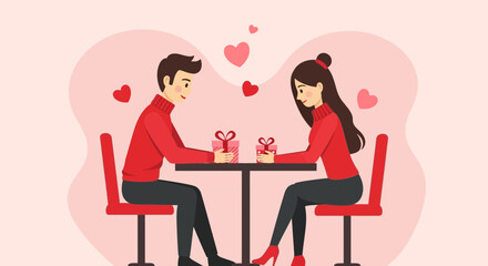 Romantic Valentines Day illustration featuring a couple exchanging gifts in love