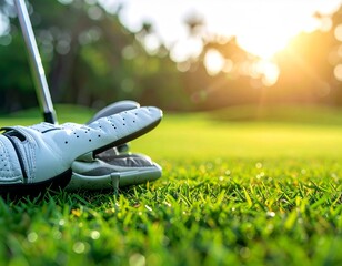 Close Up of Golf Glove and Club on Green Grass During Sunset in Summer