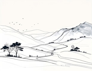Fototapeta premium Line Art Landscape of Rolling Hills with Trees and Distant Mountains in Grey