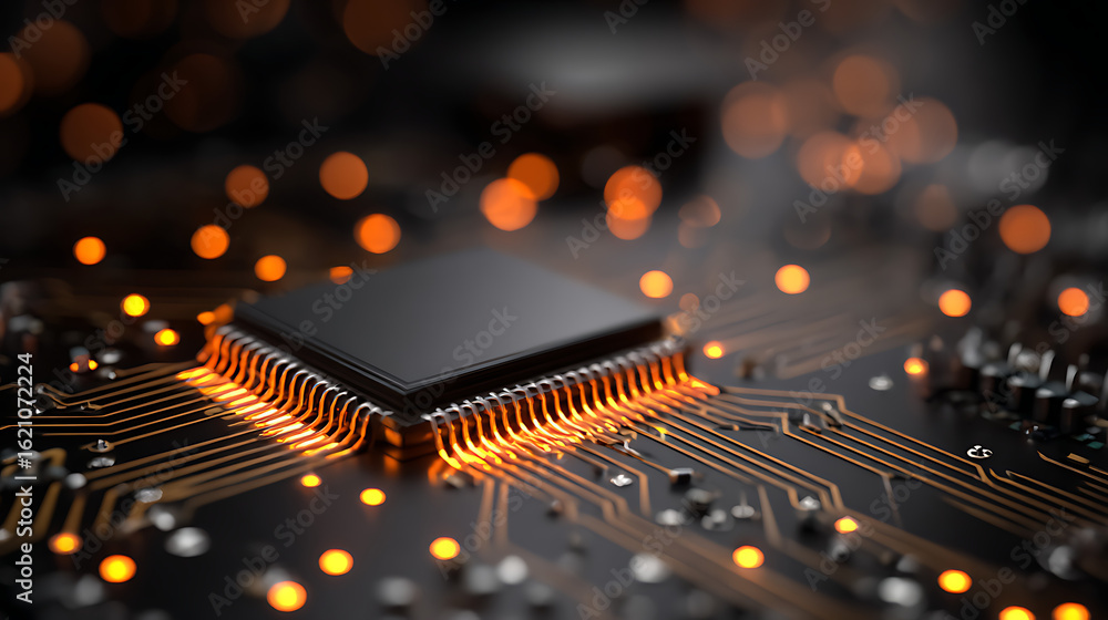 Aufkleber macro close up of a black computer processor chip with glowing orange circuits and bokeh lights comp
