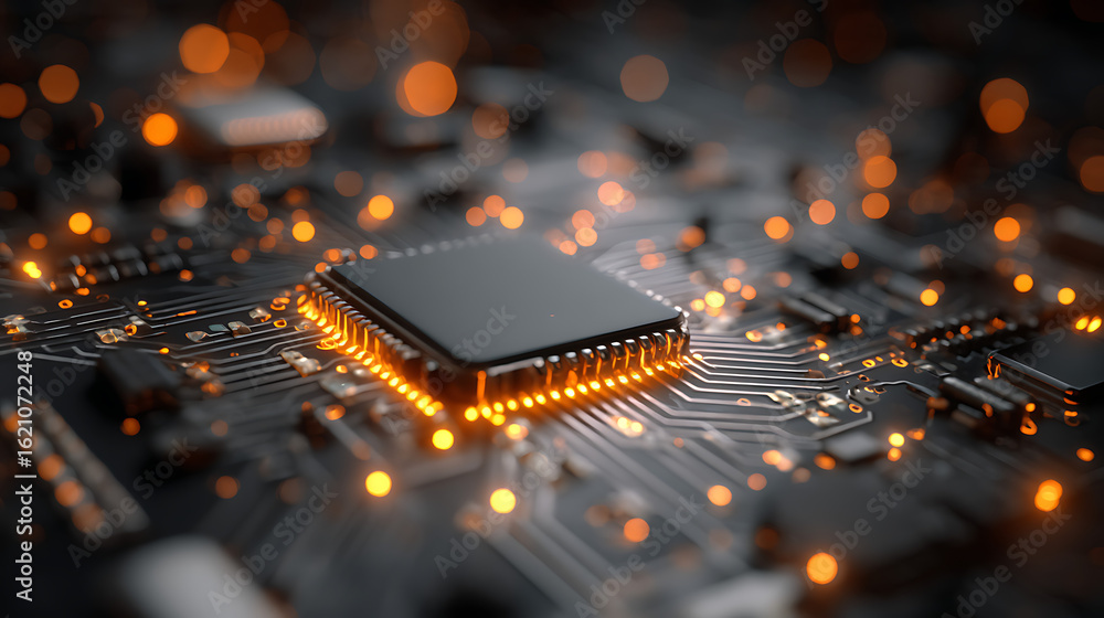 Aufkleber macro view of glowing orange circuitry and central processor circuit board technology