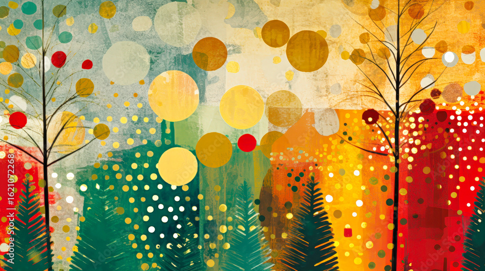 Poster this artwork features trees amidst a vibrant abstract landscape with circular patterns in shades of 