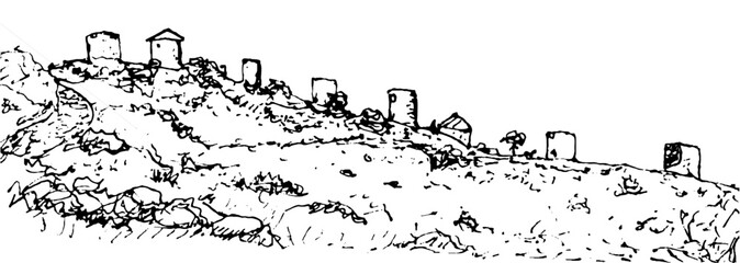 Stone windmills of the 18th century are a symbol of the resort of Bodrum, Turkey. Landscape from the side of the historical ruins of the City Wall. A hand-made ink drawing.