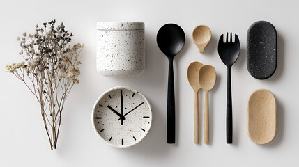 Minimalist arrangement of kitchen utensils and dried flowers knolling wooden spoons