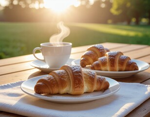 Sunlit breakfast table, freshly baked croissants, cappuccino coffee in ceramic cup
