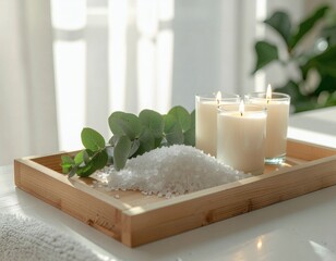 Serene spa setting with bath salts, candles, and eucalyptus leaves on wooden tray, soft natural light
