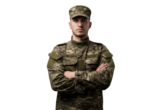 Soldier in camouflage uniform with arms crossed isolated on transparent background