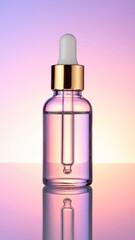 Naklejka premium Transparent Dropper Bottle with Golden Cap on Gradient Purple Background