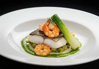 A plated dish featuring fish fillet with shrimp and leek on a white plate in a restaurant setting