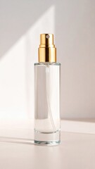 Transparent Glass Perfume Bottle with Gold Sprayer on Beige Surface and Shadow