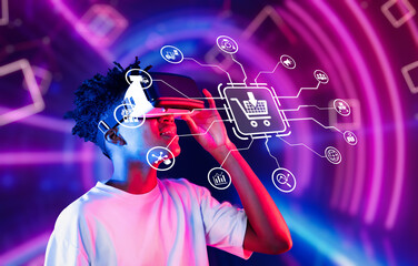 A young consumer engages with virtual reality technology, showcasing the blend of shopping and...