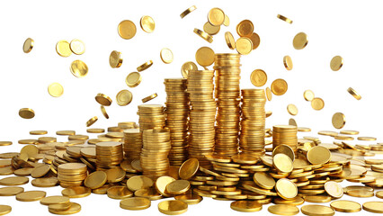 Falling gold coins and stacked piles on transparent background