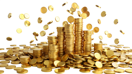 Falling gold coins and stacked piles on transparent background