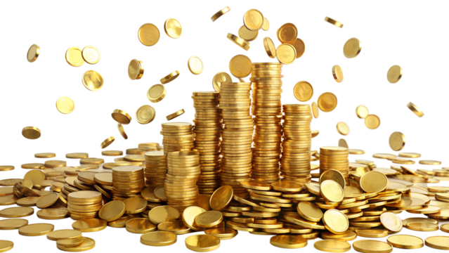 Falling gold coins and stacked piles on transparent background