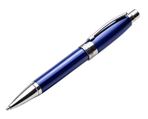 Blue metal ballpoint pen with silver accents, isolated on transparent background
