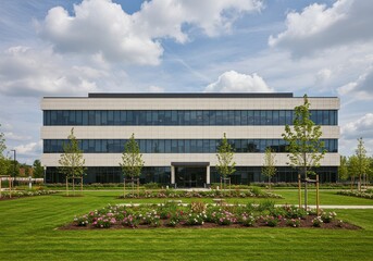 Exterior view of a modern office building with landscaped grounds and a partly cloudy sky above it all