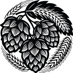 Black and white vintage illustration of hop cones and barley symbolizing craft beer and brewing