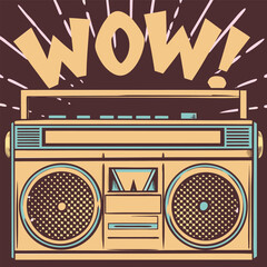  Vintage boombox radio with WOW comic expression in retro pop art style