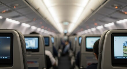 Interior view of an airplane cabin with seats and screens showing blurred images during a flight experience