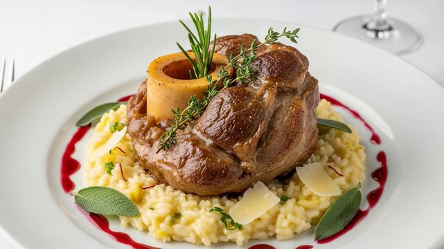 Classic Italian Osso Buco served on a bed of creamy saffron risotto, garnished with fresh herbs. A gourmet fine dining meal.