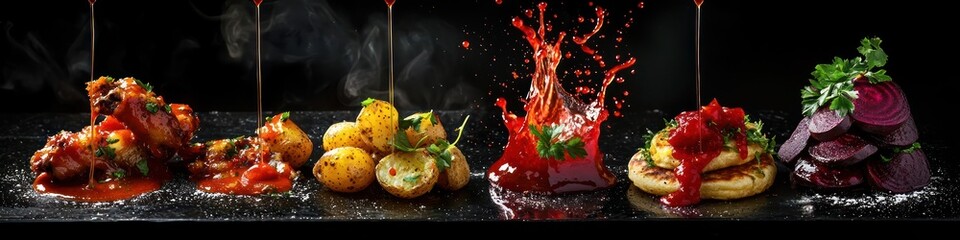 Cutout of set of 4 subjects: hot sauce dripping onto buffalo wings, chimichurri sauce splashing onto roasted potatoes, beetroot sauce cascading onto pancakes, isolated on black background