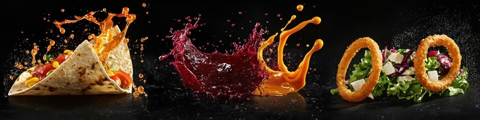 Cutout of set of 4 subjects: hot sauce splashing onto a crispy quesadilla, beetroot sauce cascading onto a fresh salad, honey mustard dripping onto onion rings, isolated on black background