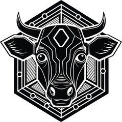 Black and white vector of futuristic cow head with geometric tech patterns and hexagonal background