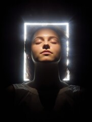 Glowing LED Light Panel Illuminates Woman in Peaceful Reclining Position With Serene Expression and Calming Atmosphere