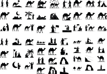 Man Walking Camel in Desert Silhouette Icon Set – Nomadic Scene Design Desert Man with Camel Silhouette Collection – Iconic Black Design