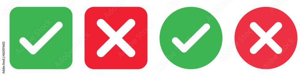 Poster checkmark x mark icon. green checkmark and red x sign. correct error vector symbol isolated on white