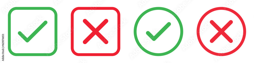 Poster checkmark x mark icon. green checkmark and red x sign. correct error vector symbol isolated on white