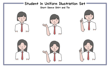 制服姿の学生 イラストセット4-1 (半袖シャツ＆ネクタイ) / Student in Uniform, Character Pose Set